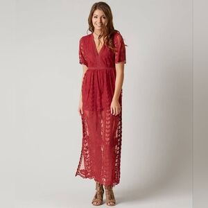 Womens Lace Romper Deep V Neck Wine Maxi Flutter Sleeve Crochet Size S Dress